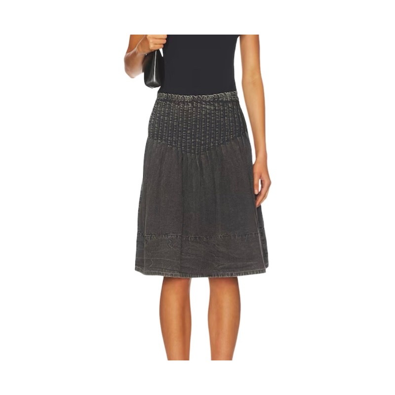 Free People Size Ten Skirt Washed Black Pintuck Pleated Cotton Boho Grunge Skirt
